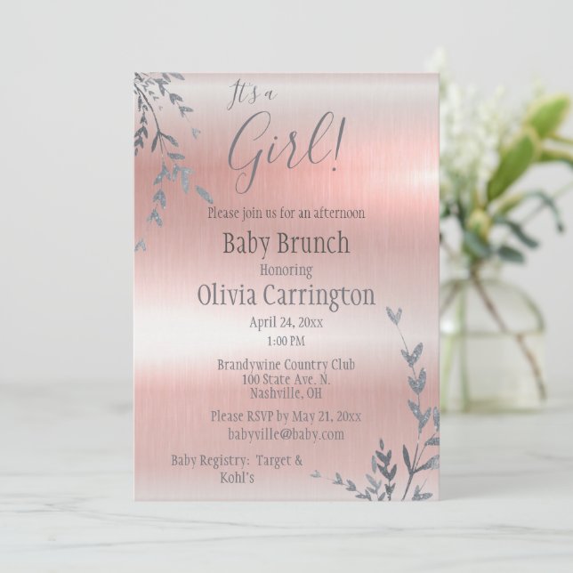 Invitation C’est une GIRL Pink Metallic Baby shower Brunch (Debout devant)