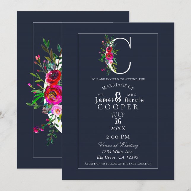 Invitation C Monogramme Dernière Initiale Moderne Bleu Floral (Devant / Derrière)