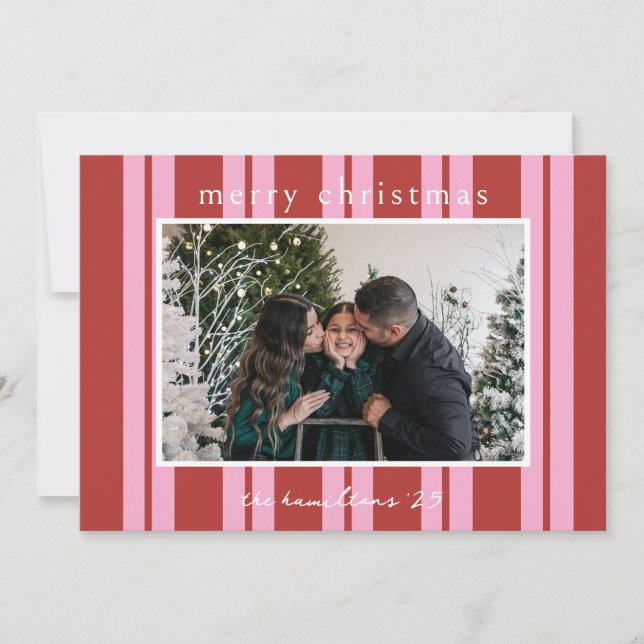 Invitation Cabana Pink red Stripe Preppy photo Christmas card (Devant)