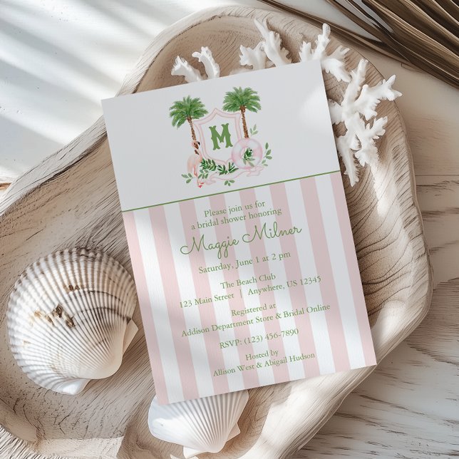Invitation Cabana Rayures Palm Beach Monogram Crête (Créateur téléchargé)