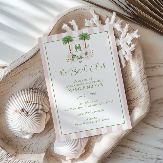 Invitation Cabana Rayures Palm Beach Monogram Crête (Créateur téléchargé)