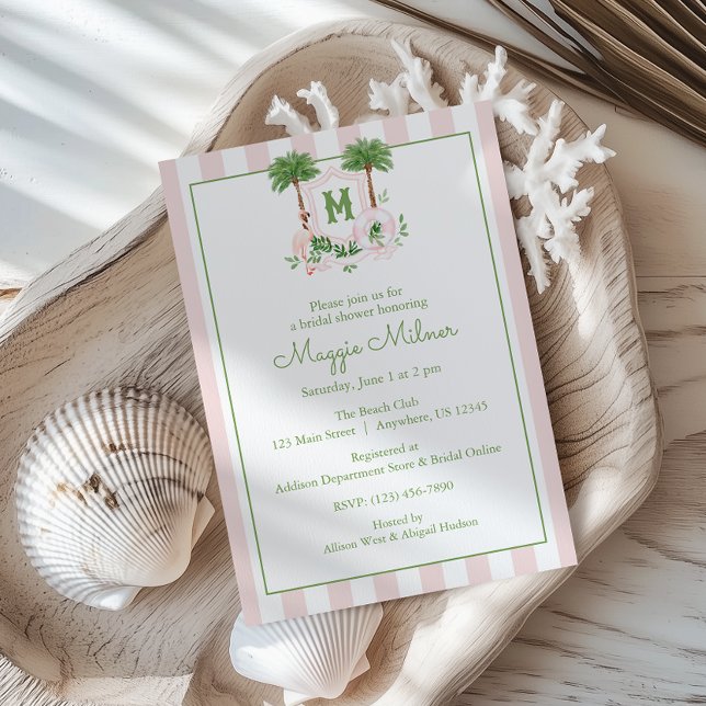 Invitation Cabana Rayures Palm Beach Monogramme Armoiries (Créateur téléchargé)