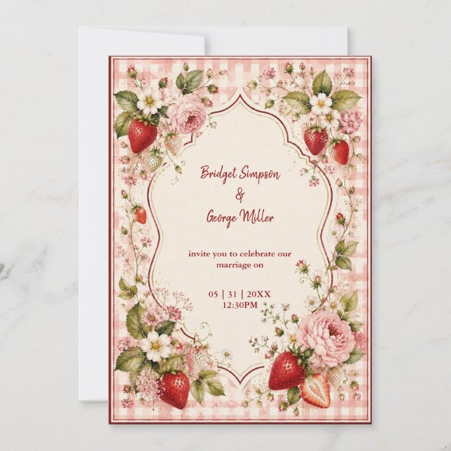 Invitation Cabane de mariage aux fraises romantiques en fleur (Devant)