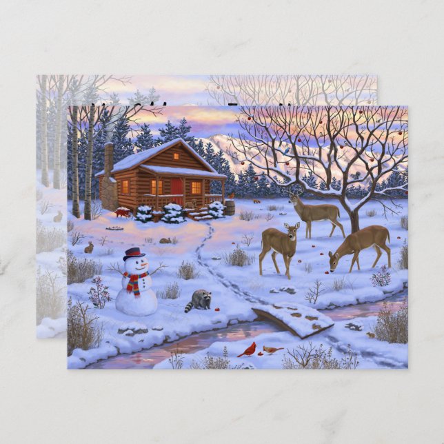 Invitation Cabane d'hiver Cerf dans la neige Scène de Noël (Devant / Derrière)