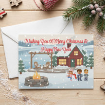 Cabane d'hiver cosy et famille de bonhomme de neig
