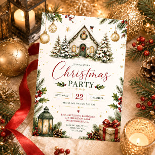 Invitation Cabane enneigée Baies de houx Boules dorées Noël