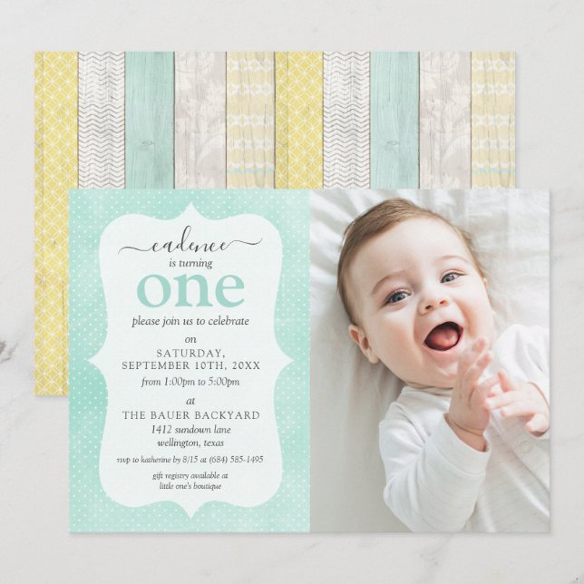 Invitation Cabane jaune et menthe Géométrique en bois rustiqu (Devant / Derrière)