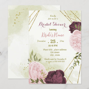 Invitation cabernet rose fleurs vert feuille douche nuptiale