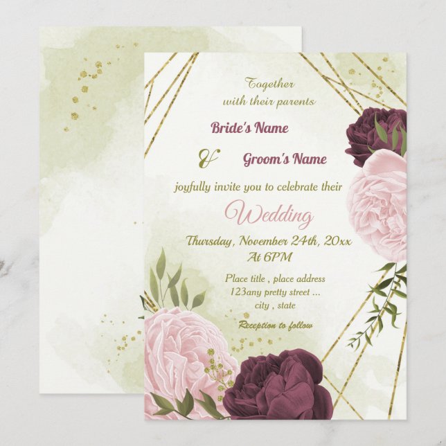 Invitation cabernet rose fleurs vert feuille mariage (Devant / Derrière)