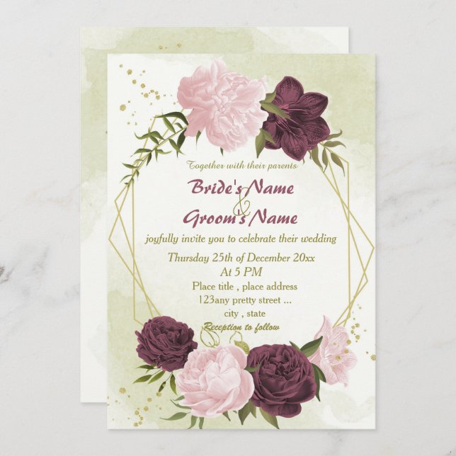 Invitation cabernet rose fleurs vert feuille mariage (Devant / Derrière)