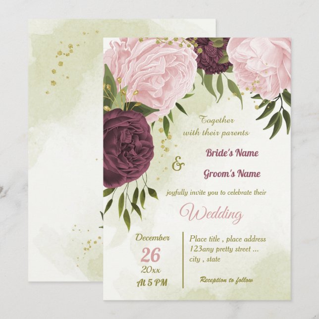 Invitation cabernet rose fleurs vert feuille mariage (Devant / Derrière)