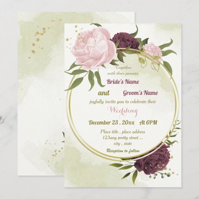 Invitation cabernet rose fleurs vert feuille mariage (Devant / Derrière)