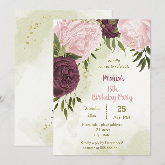 Invitation cabernet rose fleurs vert feuilles anniversaire (Devant / Derrière)