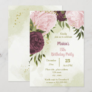 Invitation cabernet rose fleurs vert feuilles anniversaire