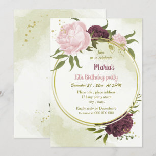 Invitation cabernet rose fleurs vert feuilles anniversaire