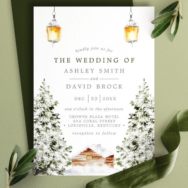 Invitation Cabine Rustique d'Hiver Neige Pin Mariage (Créateur téléchargé)