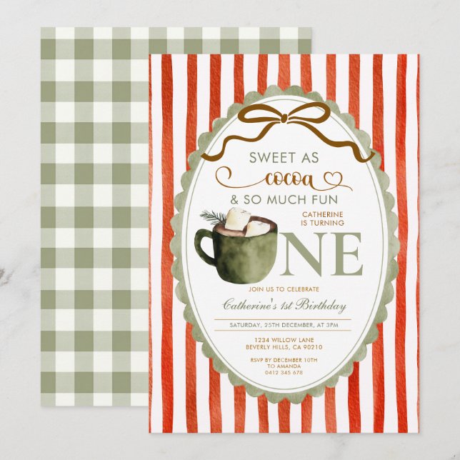 Invitation Cacao Chaud Rouge Vert Gingham 1er anniversaire (Devant / Derrière)