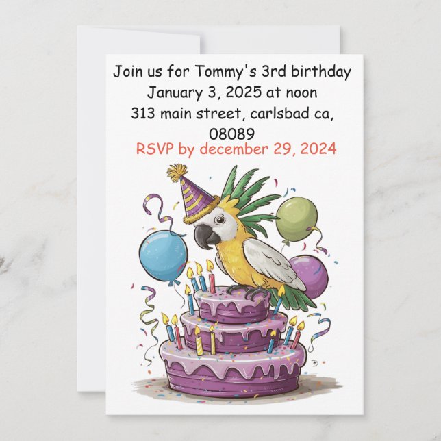 Invitation cacatoès perché sur des ballons de gâteau d'annive (Devant)