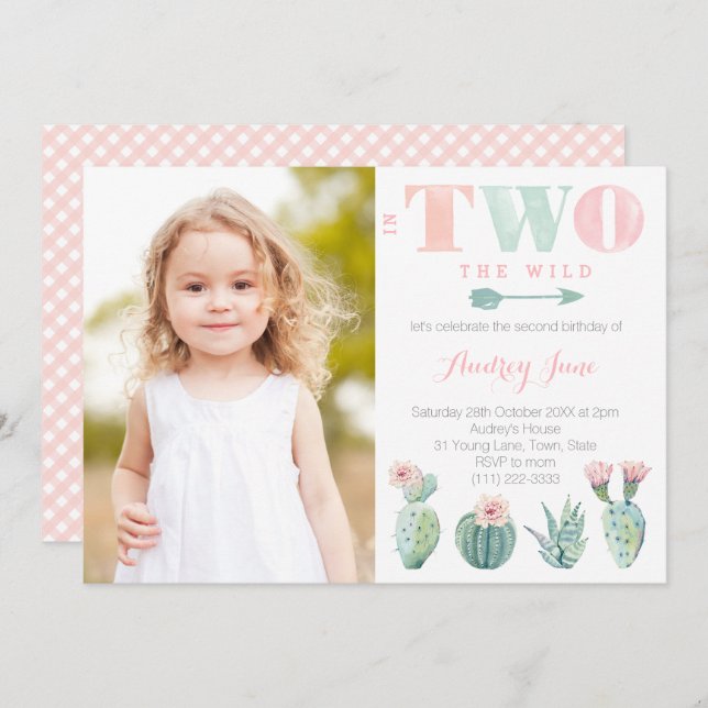 Invitation Cactus 2e fête d'anniversaire pour la fille avec p (Devant / Derrière)
