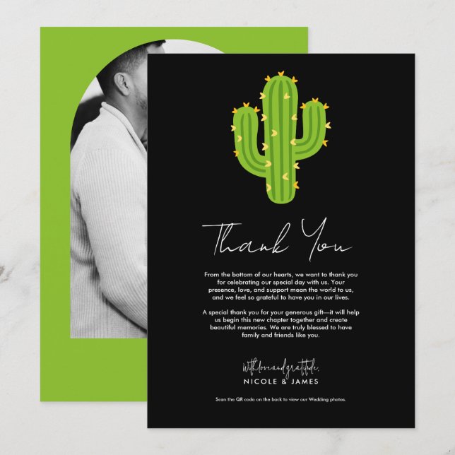 Invitation Cactus à cœur jaune Fiesta Amour Merci (Devant / Derrière)