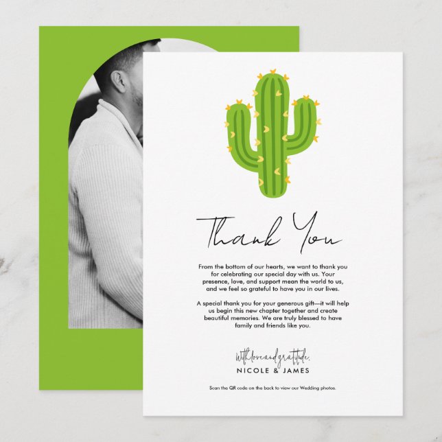 Invitation Cactus à cœur jaune Fiesta Amour Merci (Devant / Derrière)