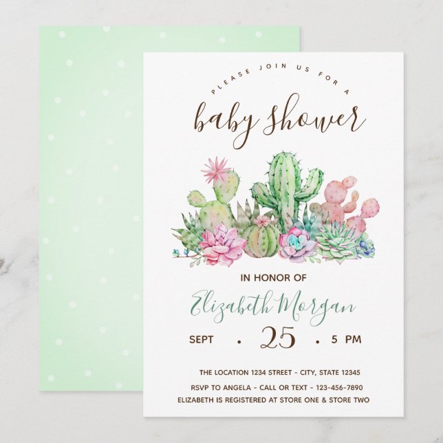 Invitation Cactus à l'aquarelle et pois bébé à venir (Devant / Derrière)