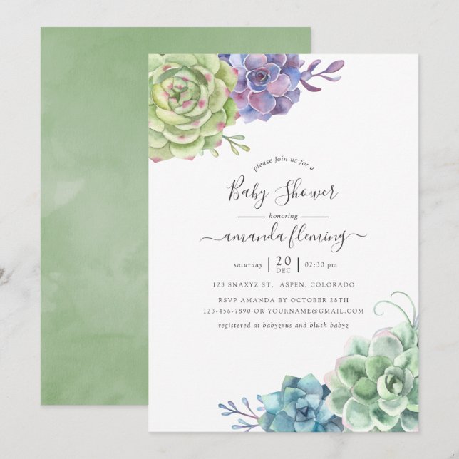 Invitation Cactus aquarelle Baby Shower Succulents (Devant / Derrière)