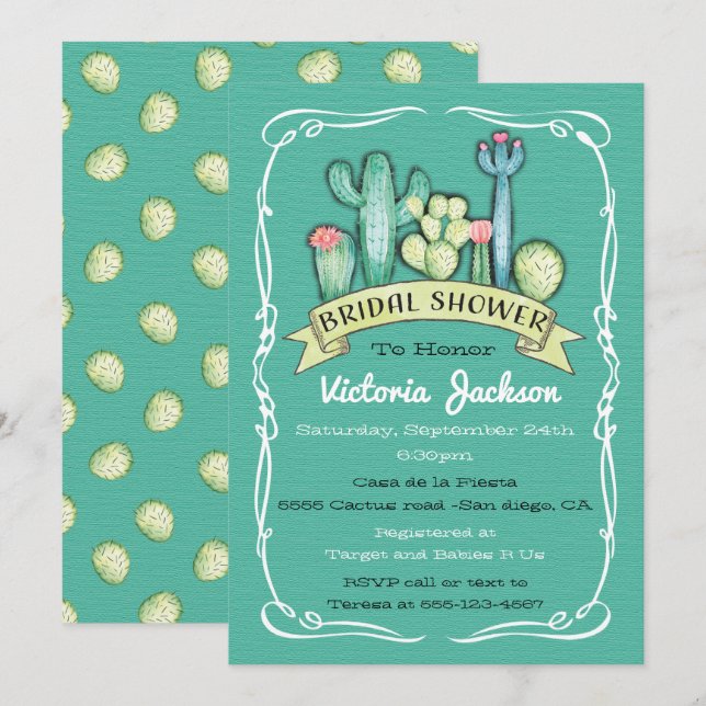 Invitation Cactus aquarelle et Fête des mariées succulente (Devant / Derrière)