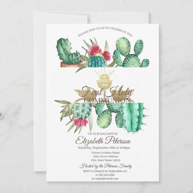 Invitation Cactus aquarelle Première Sainte Communion   (Devant)