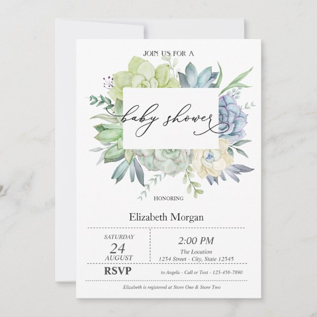 Invitation Cactus aquarelle Succulentes Points Baby Shower (Devant)