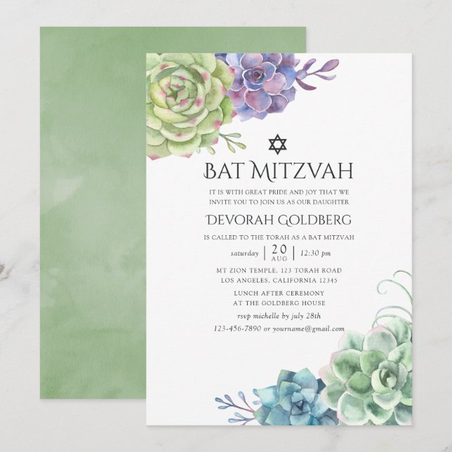 Invitation Cactus aquarelle Succulents Bar Mitzvah (Devant / Derrière)
