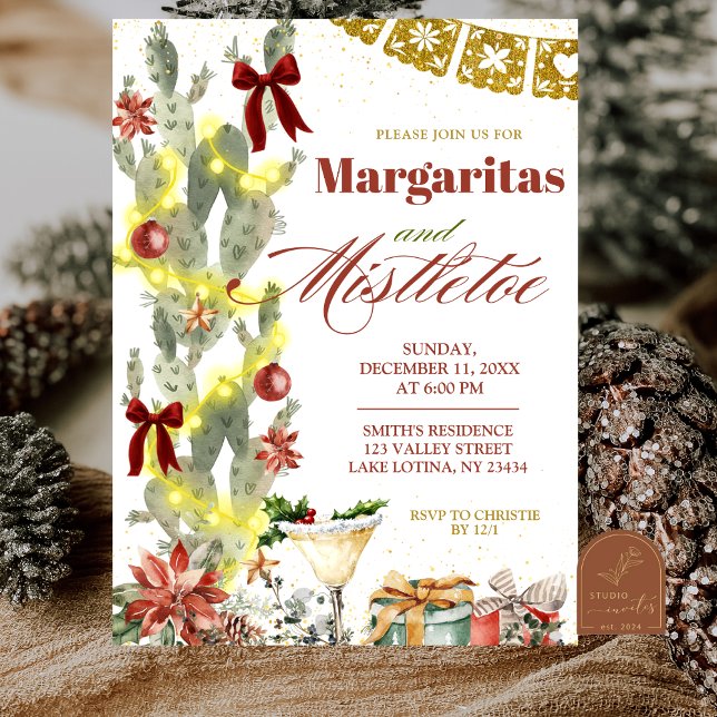 Invitation Cactus au nœud rouge Noël Margaritas et Gui (Créateur téléchargé)