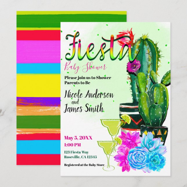 Invitation Cactus aux rayures vives Plante grasse FIESTA Baby (Devant / Derrière)