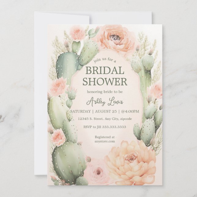 Invitation Cactus baby shower, fleurs bohèmes (Devant)