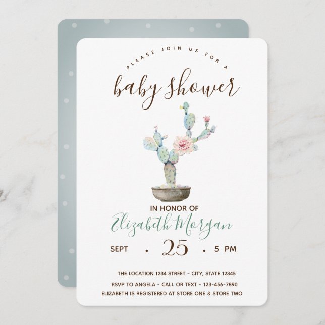 Invitation Cactus Baby shower Pois succulent (Devant / Derrière)