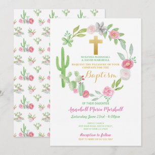 Invitation Cactus Baptême Vert Christening Cactus Rose