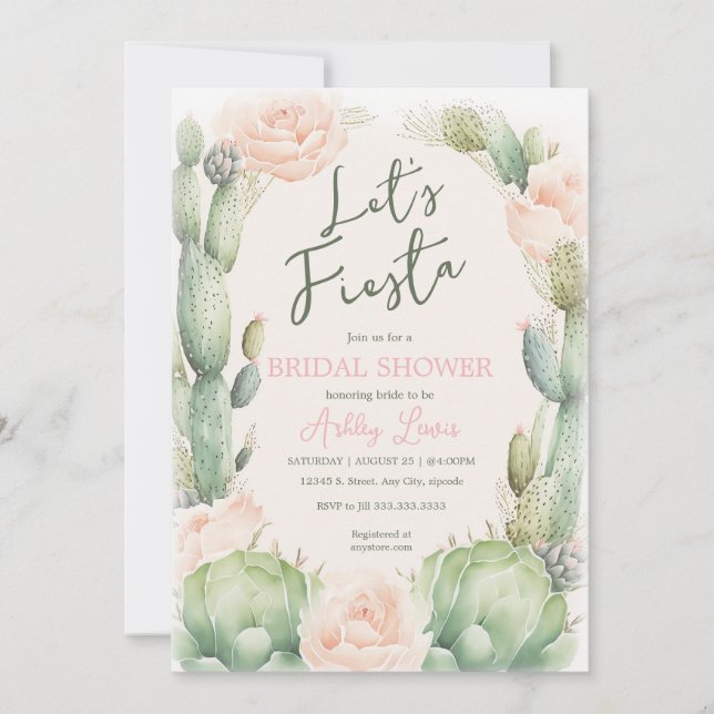Invitation Cactus Blush Bohème Fête de Mariage Florale du Dés (Devant)