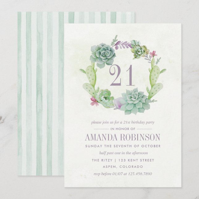 Invitation Cactus de désert à l'aquarelle Succulents 21e anni (Devant / Derrière)