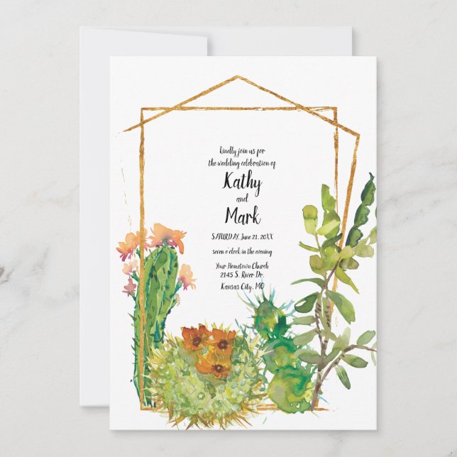 Invitation Cactus de désert fleuri Mariage géométrique (Devant)