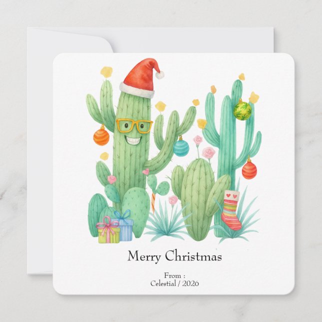 Invitation Cactus de Noël Festif avec chapeau et ornement (Devant)