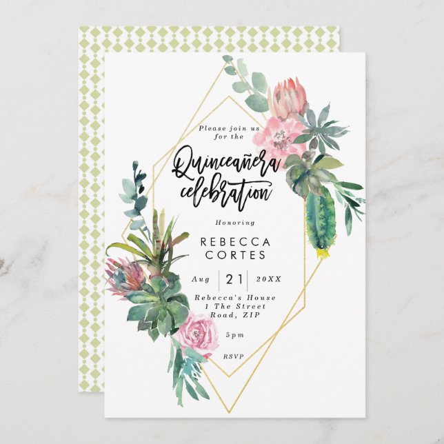 Invitation Cactus de Quinceanera 15e anniversaire géométrique (Devant / Derrière)