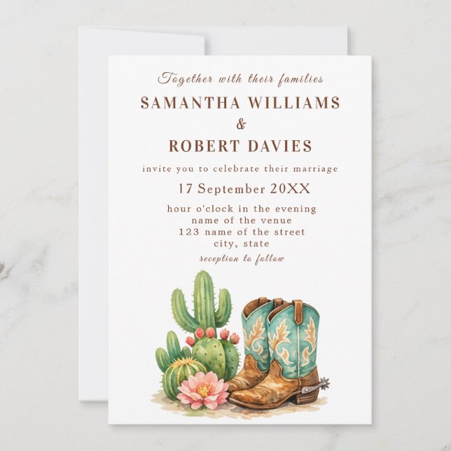 Invitation Cactus Désert Arizona Cactées Mariage Cowboy  (Devant)