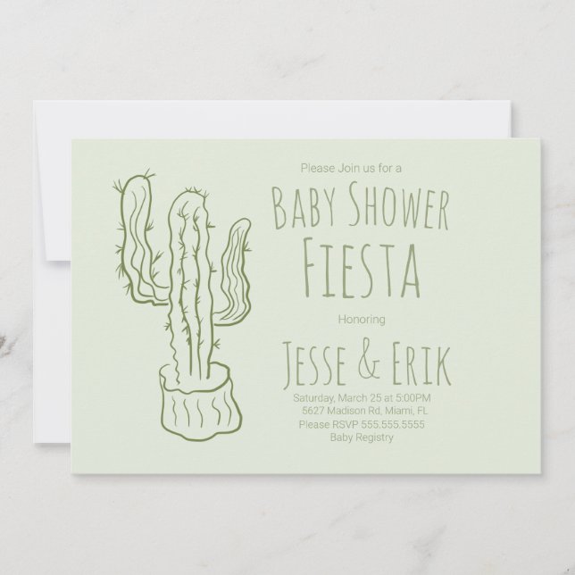 Invitation Cactus Dessiné à la Main Baby Shower Vert Pastel (Devant)