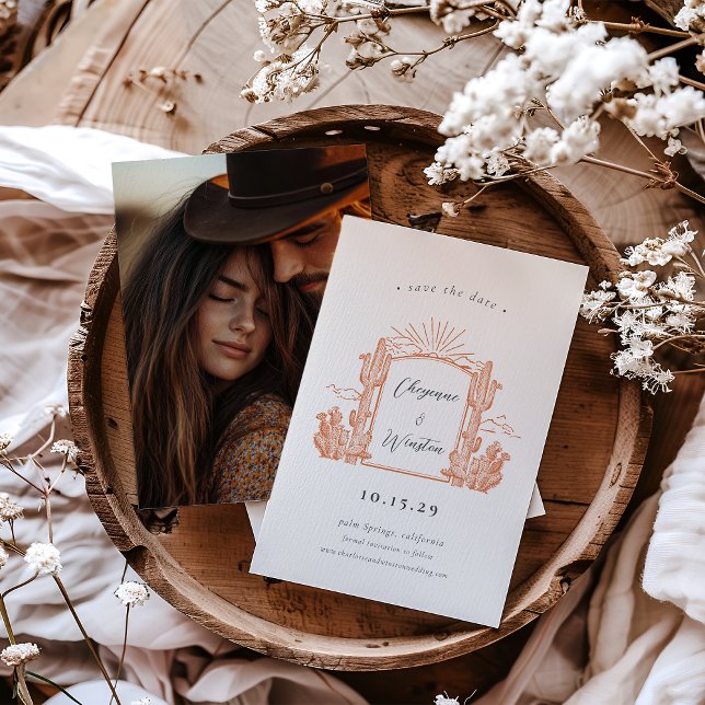 Invitation Cactus du désert Monogramme de l'ouest Enregistrer (Desert Cactus Western Monogram Save the Date Invitation - Burnt Orange
)