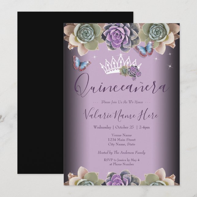 Invitation Cactus et papillon Elegant Quinceanera Invitatiati (Devant / Derrière)