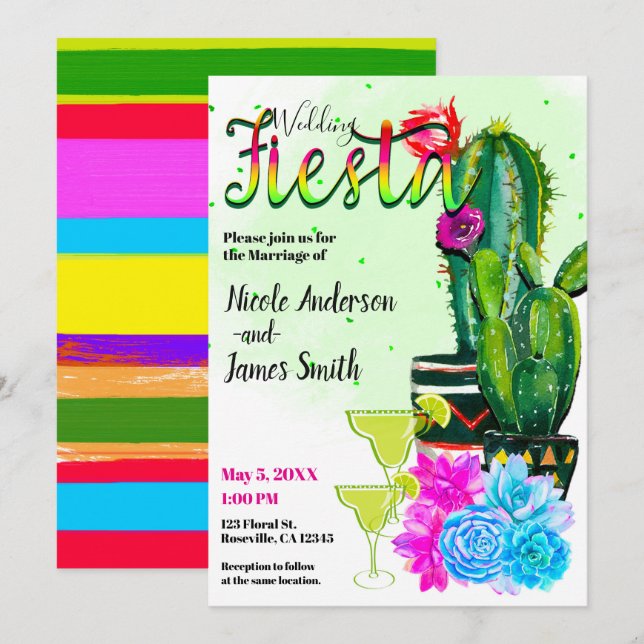 Invitation Cactus et Succulentes à rayures vives FIESTA MARIA (Devant / Derrière)