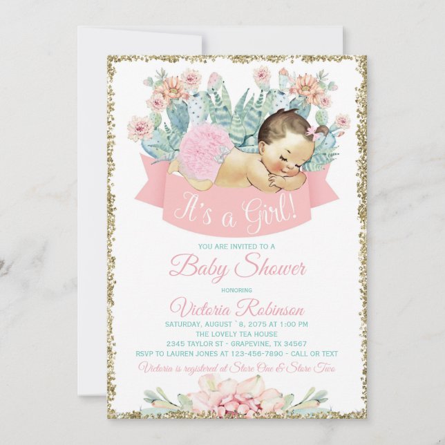 Invitation Cactus Fiesta Brunette Baby shower fille (Devant)