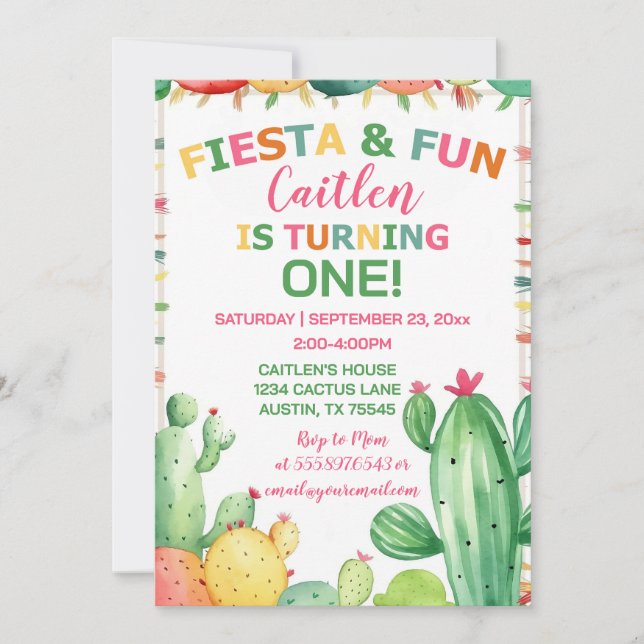Invitation Cactus Fiesta premier anniversaire fille colorée (Devant)