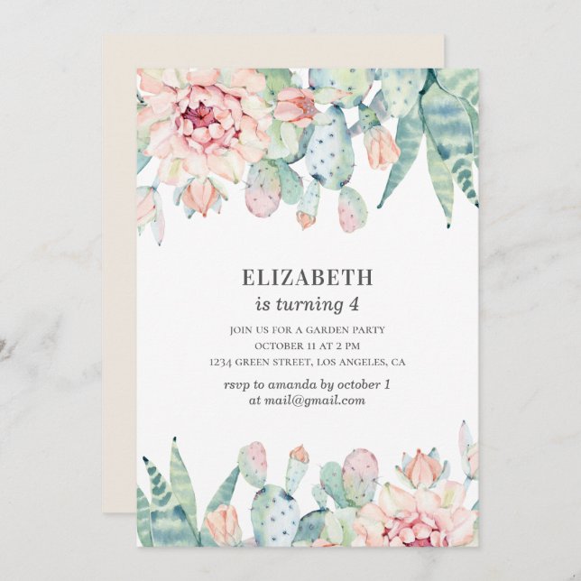 Invitation Cactus floral aquarelle. Bébé fille. Anniversaire  (Devant / Derrière)