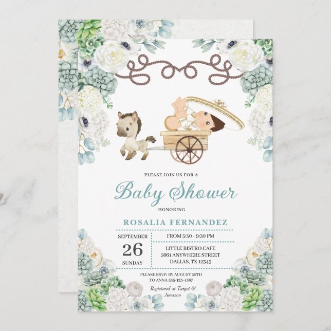 Invitation Cactus Floral Mexicain Baby Boy Charro Baby shower (Devant / Derrière)
